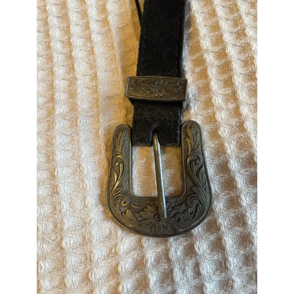 Free People Western Wear Black Rock Black Suede Gunmetal Skinny Belt Med/Lg - Picture 9 of 10